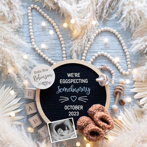 Revelación de género de Easter Boy Baby para redes sociales, Eggspecting Somebunny Digital Pregnancy Its A Boy, Editable DIY Circle Template, Bunny Ears