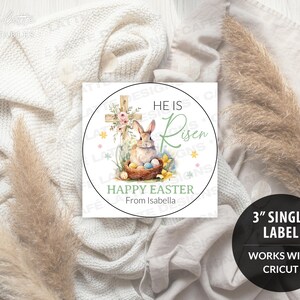 easter stickers printable, easter stickers template, easter cricut stickers, he is risen stickers, avery easter stickers religious cross and bunny rabbit, easter round label template, easter 3 inch round labels editable template, instant download DIY, Easter candy treat bag gift tags for church