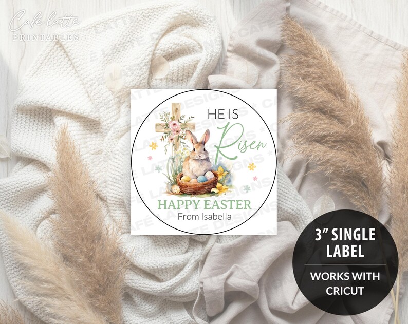 easter stickers printable, easter stickers template, easter cricut stickers, he is risen stickers, avery easter stickers religious cross and bunny rabbit, easter round label template, easter 3 inch round labels editable template, instant download DIY, Easter candy treat bag gift tags for church