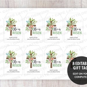 He is Risen gift tags printable, Easter religious gift tags editable template, Happy Easter gift tags DIY, Easter church celebration labels, Easter gift tags with cross flowers and Easter eggs, Easter gift tags instant download