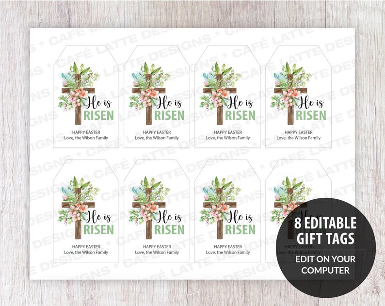 He is Risen gift tags printable, Easter religious gift tags editable template, Happy Easter gift tags DIY, Easter church celebration labels, Easter gift tags with cross flowers and Easter eggs, Easter gift tags instant download