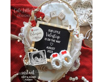 Valentines Boho Digital Pregnancy Announcement Social Media, Baby Rattan Moses Reveal, Valentines Day Baby Digital Editable Letter Board DIY