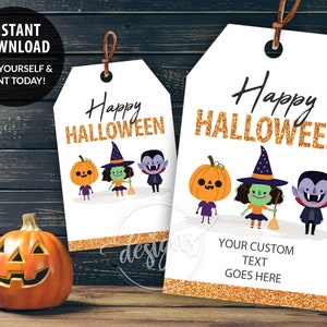 HAPPY HALLOWEEN Printable Gift Tags, Editable Personalized Favor Tags Template with Pumpkin Witch and Vampire, Instant Download Labels Kids