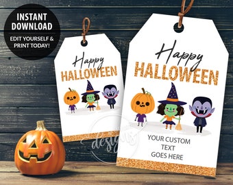 May include: White Halloween gift tags with a gold glitter border and the words "Happy Halloween". The tags feature cartoon characters: a pumpkin, a witch, and a vampire. The text "Your Custom Text Goes Here" is also visible.
