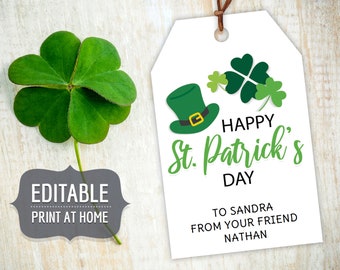 St. Patricks Day Printable Gift Tags, Editable Personalized Gift Favor Tags Template with Shamrocks, Custom St Patrick's Instant Download