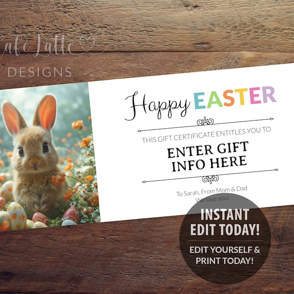 Easter Gift Certificate Editable Digital Template, Printable Personalized Easter Bunny Egg Hunt Gift Card, Kids Gift Coupon Idea Instant DIY