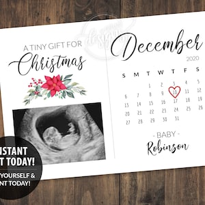 Dezember Fälligkeit Datum Kalender Karte Schwangerschaft Ankündigung druckbar, Baby Ankündigung Mann, Großeltern, Weihnachten Digital Editable Corjl