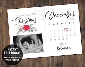 December Due Date Calendar Card Pregnancy Announcement Printable, Baby Announcement husband, Grandparents, Christmas Digital Editable Corjl