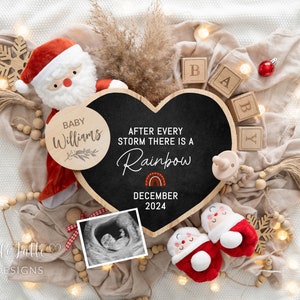 Rainbow Christmas Baby digitale zwangerschap aankondiging sociale media, genderneutrale baby, bewerkbare DIY-sjabloon Er is een regenboog, Santa
