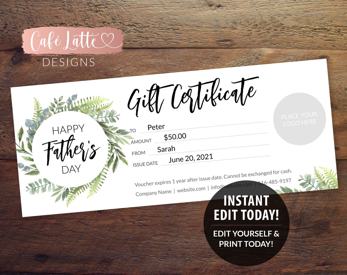 FATHERS DAY Gift Certificate Printable Editable Template Etsy