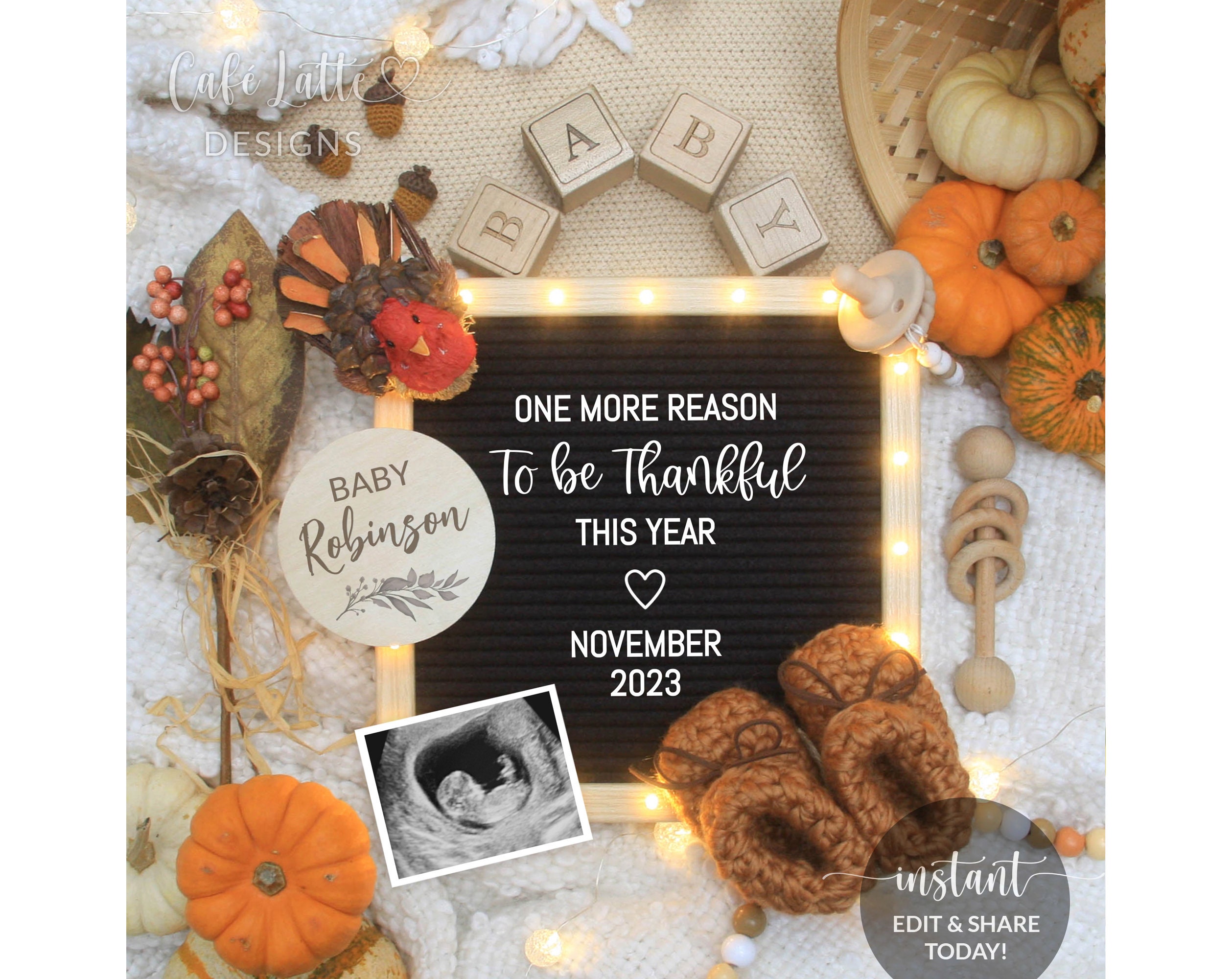 digital thanksgiving pregnancy announcement for social media, fall