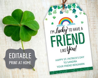 Friend St. Patricks Day Printable Gift Tags, Editable Personalized Lucky Gift Favor Tags Template with Rainbow Shamrocks, Instant Download