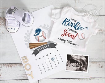 Boy Gender Reveal Baby Announcement, New Rookie Social Media Facebook Instagram, Personalized Baseball Themed Gender Reveal Pregnancy Idea