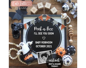 Editable Pregnancy Announcement for Social Media, Halloween Peek a Boo Digital Template, October Fall Baby, Ghost Pumpkins, Printable DIY