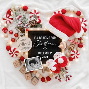 Christmas pregnancy announcement digital reveal for social media, Christmas baby announcement digital image with Santa hat and Santa baby booties, Ill be home for Christmas, Peppermint candy heart and letter board baby reveal