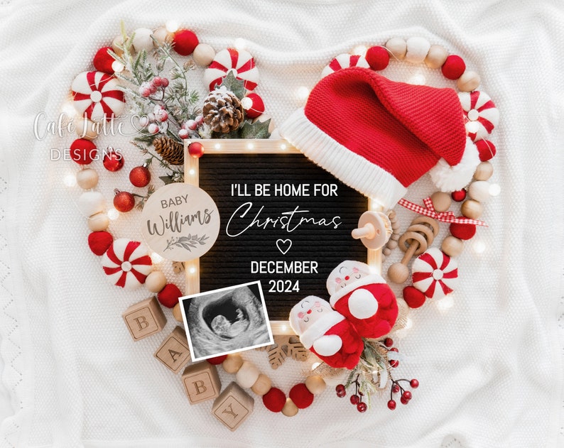 Christmas pregnancy announcement digital reveal for social media, Christmas baby announcement digital image with Santa hat and Santa baby booties, Ill be home for Christmas, Peppermint candy heart and letter board baby reveal