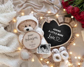 Valentine Pregnancy Announcement Digital Reveal For Social Media, Valentines Day Baby Announcement Boho Bear Heart, Roses Are Red, Love Baby