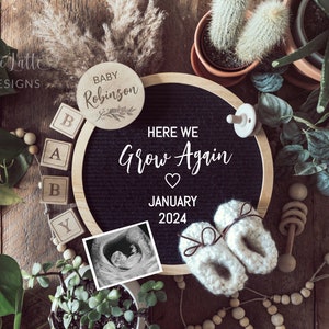 Pregnancy Announcement Digital | Baby Announcement Digital | Neutral Pregnancy Reveal Social Media | Here We Grow Again | Editable Template