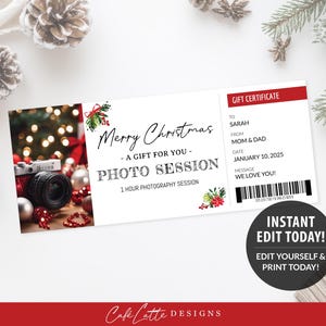 Weihnachtsfotosession Geschenkgutscheinvorlage zum Ausdrucken, Fotografie Geschenkgutschein bearbeitbarer Coupon, personalisierte benutzerdefinierte Geschenkkarte