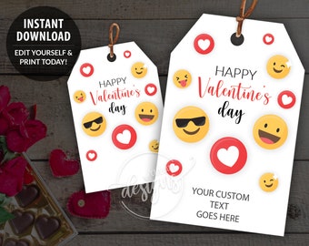 Valentines Printable Gift Tags, Emojis & Hearts, Gift For Friends Teacher, Editable Personalized Gift Favor Tags Template, Instant Download