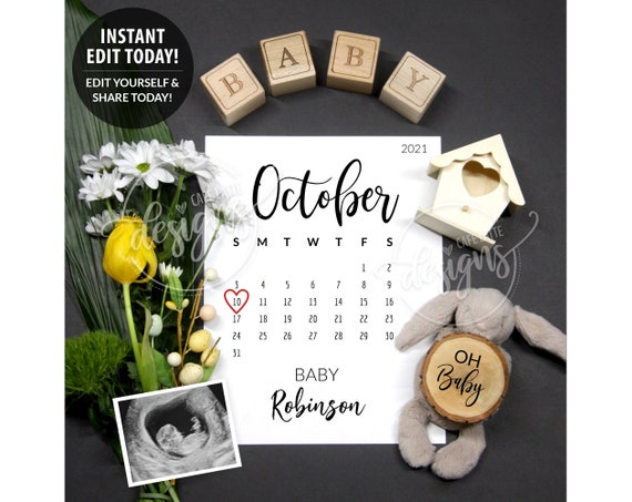 EASTER Pregnancy Announcement Editable Due Date Calendar, Baby Announcement Edit Yourself, Digital Instant Download Social Media, Spring Il_570xn