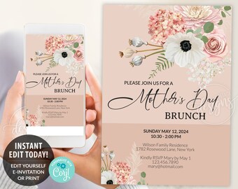 Mothers Day Invitation Editable Printable Template, Personalized Boho Flowers Brunch Invite, E-Invite 5x7 inches Digital Instant DIY Corjl