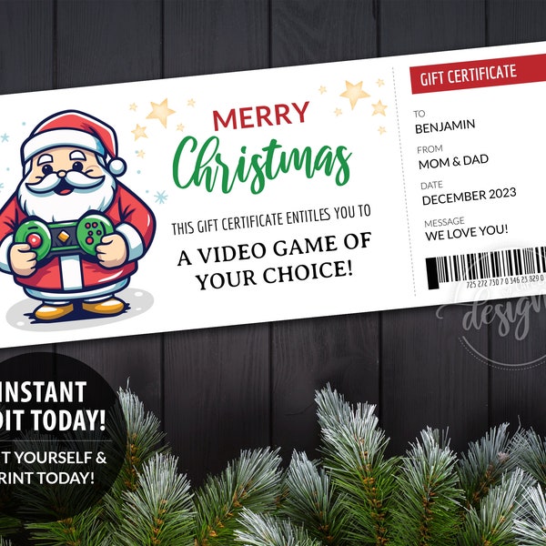 Christmas Gift Certificate Editable Digital Template Printable, Personalized Video Game Gift Coupon Card Santa Claus, Last Minute Gift DIY