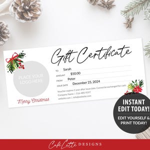 Business Christmas Gift Certificate Editable Template Printable | Personalized Company Gift Coupon | Christmas Gift Corporate Logo | Instant