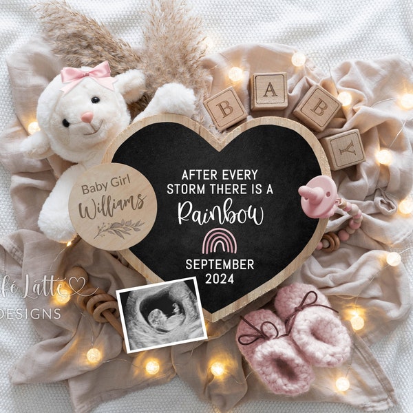 Rainbow Baby Girl Gender Reveal, Digital Boho Girl Pregnancy Announcement Social Media, Editable DIY Template There Is A Rainbow, Lamb Pink