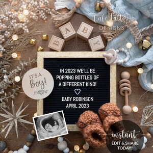 Digital New Years Boy Gender Reveal For Social Media, Poppping Bottles Its a Boy Letter Board Pregnancy Announcement Editable Template DIY
