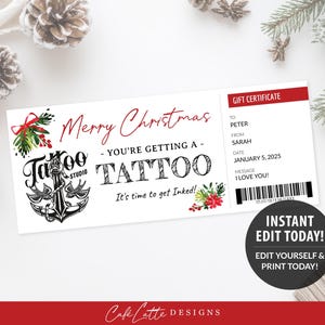Weihnachtstattoo-Geschenkgutschein druckbare bearbeitbare Vorlage, Tattoo-Studio Benutzerdefinierte Geschenkkarte Coupon, Original personalisiertes Weihnachtsgeschenk