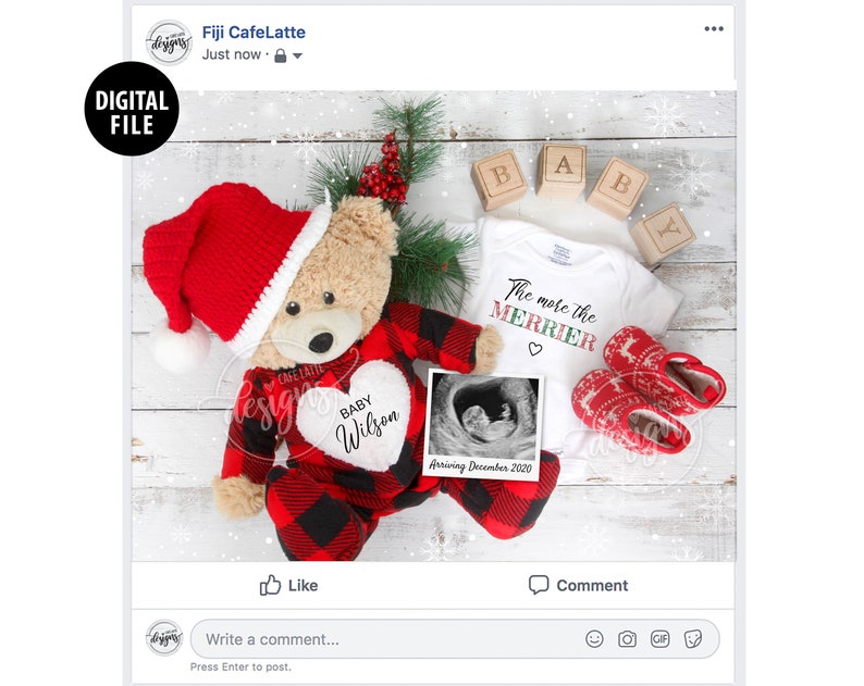 CHRISTMAS Pregnancy Announcement, Digital Baby Announcement December 2020, Personalized Social Media Baby Reveal Idea, Santa, Merrier, Gift image 6