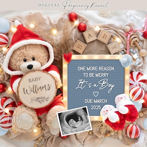 Anuncio de embarazo de niño en Navidad, anuncio digital de revelación de género, osito de Papá Noel: una razón más para estar feliz, plantilla editable