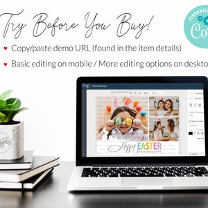May include: A laptop computer displaying a website with a photo editing tool. The website shows a collage of photos with the text "Happy Easter" and a design of colorful eggs. The text "Try Before You Buy!" is displayed above the laptop.