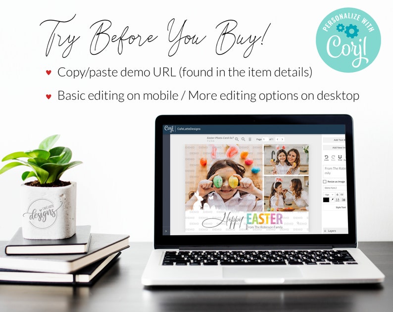 May include: A laptop computer displaying a website with a photo editing tool. The website shows a collage of photos with the text "Happy Easter" and a design of colorful eggs. The text "Try Before You Buy!" is displayed above the laptop.