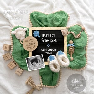 St Patricks Boy Gender Reveal Digital Pregnancy Announcement Social Media, Baby Boy Little Lucky Charm Letter Board Editable Template DIY