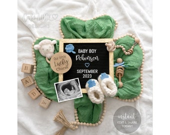 St Patricks Boy Gender Reveal Digital Pregnancy Announcement Social Media, Baby Boy Little Lucky Charm Letter Board Editable Template DIY