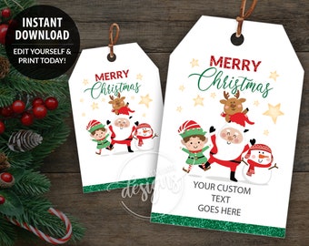 CHRISTMAS Printable Gift Tags, Editable Personalized Favor Tags Template with Elf Santa, Instant Download Labels for Kids School Teacher DIY