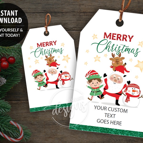 CHRISTMAS Printable Gift Tags, Editable Personalized Favor Tags Template with Elf Santa, Instant Download Labels for Kids School Teacher DIY
