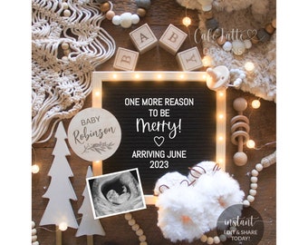 Digitale Schwangerschaftsanzeige für Social Media, Winter Neutral Boho Baby, Grund zu sein Merry Letter Board, editierbare Vorlage DIY