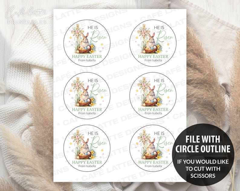 easter stickers printable, easter stickers template, easter cricut stickers, he is risen stickers, avery easter stickers religious cross and bunny rabbit, easter round label template, easter 3 inch round labels editable template, instant download DIY, Easter candy treat bag gift tags for church