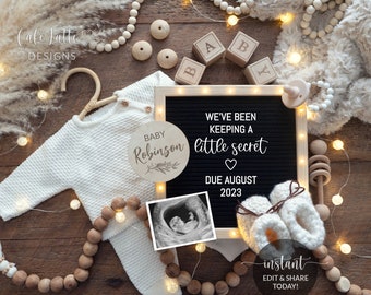 Digital Boho Pregnancy Announcement Social Media, Keeping a Little Secret Editable Letter Board Wood Beads, Gender Neutral Baby, Rustic, DIY