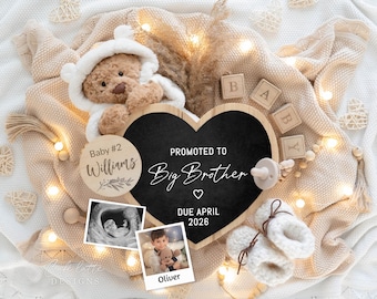Big Brother Pregnancy Announcement Digital, 2nd Child Baby Announcement Digital, Editable Template, Instant Download, Bear Promoted Sibling