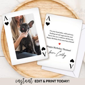 Original Geburtstagskarte bearbeitbare Vorlage zum Ausdrucken, benutzerdefinierte Hundefoto-Spielkarte, lustiger pelziger Freund Digitale Ecard Ihm ihr Sofortiger Download