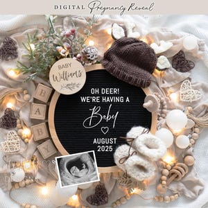 Christmas Pregnancy Announcement Digital, Baby Announcement Digital Social Media, Neutral Rustic Reindeer Christmas Editable Template DIY