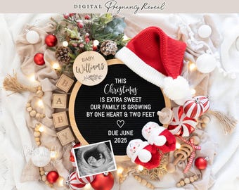 Weihnachten Schwangerschaftsankündigung Digital, Babyankündigung Digital Social Media, Neutral Boho Santa Weihnachtsgedicht Bearbeitbare Vorlage DIY