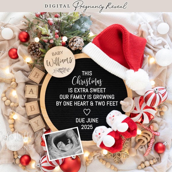 Anuncio de embarazo navideño digital, anuncio de bebé digital en redes sociales, plantilla editable de poema navideño de Papá Noel con estilo bohemio neutro