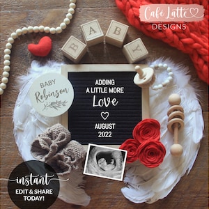 Anuncio de embarazo editable para redes sociales, bebé del día de San Valentín, agregando un poco más de plantilla digital de tablero de cartas de amor, Corjl DIY
