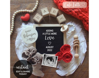 Editable Pregnancy Announcement for Social Media, Valentines Day Baby, Adding a Little More Love Letter Board Digital Template, Corjl DIY