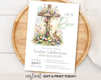 May include: An Easter invitation with watercolor illustrations. A wooden cross is adorned with flowers, and a bunny sits near colorful Easter eggs. The text reads "He is Risen" and invites guests to an Easter Celebration and Egg Hunt.
